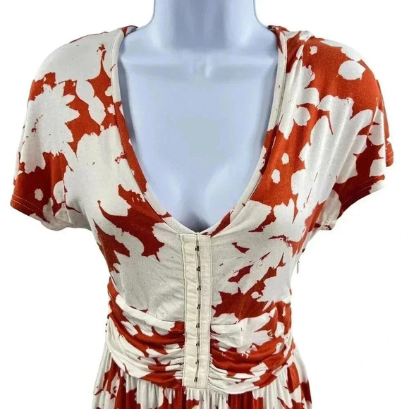 Anthropologie Maeve XS Summer Breeze Orange Off White Floral Dress Ruched Waist - Picture 3 of 15